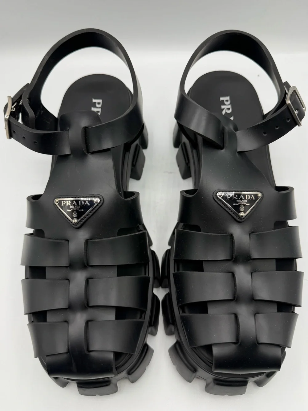 NIB Prada Black Rubber Ultralight Monolith Platform Chunky Strap Sandals EU 41